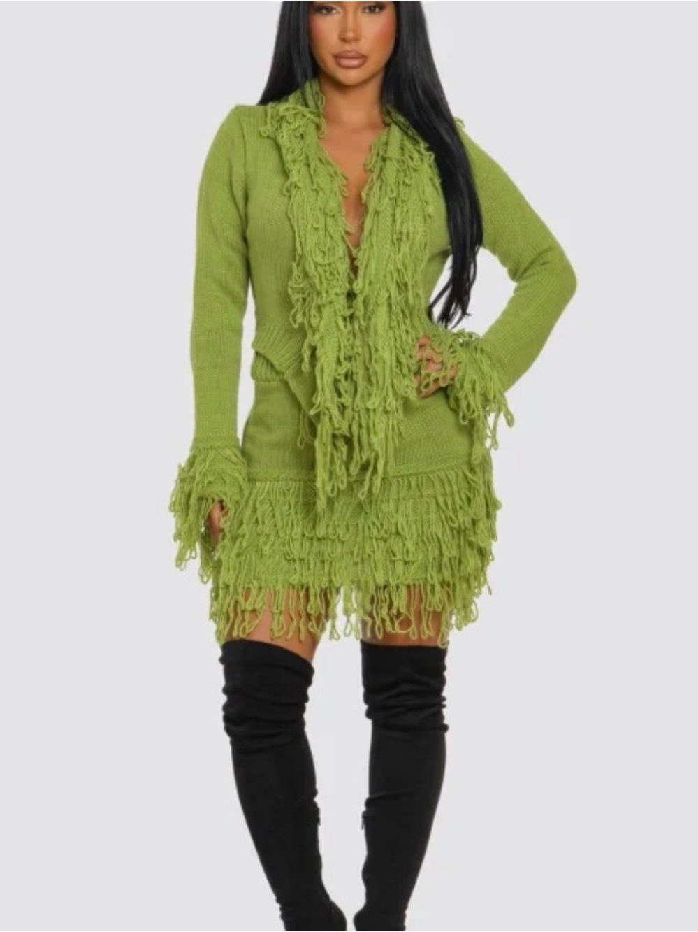VIRAL Fringe Trim Green Knit Sweater 2 Piece Skirt Set  -